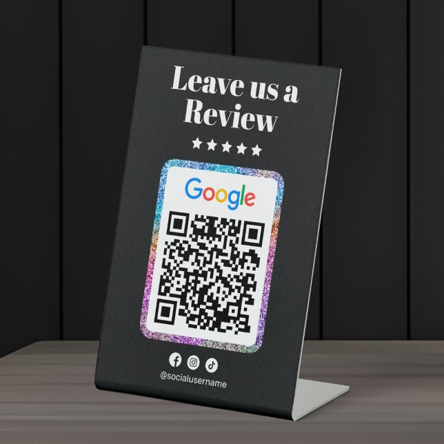 Modern Glitter Hair Salon Google Reviews Qr Code Pedestal Sign (Creator Uploaded)