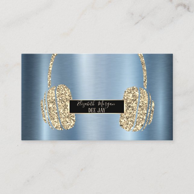 Modern Glitter Headphone DJ Blue Metallic Business Card (Front)