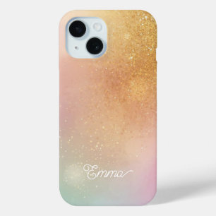 Modern Glitter Holographic Gold with Name iPhone 15 Case