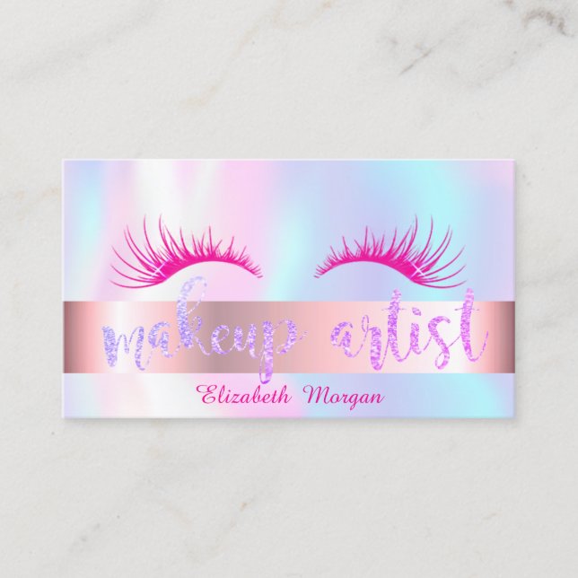 Modern Glitter Lashes, Makeup Artist Holographic Business Card (Front)