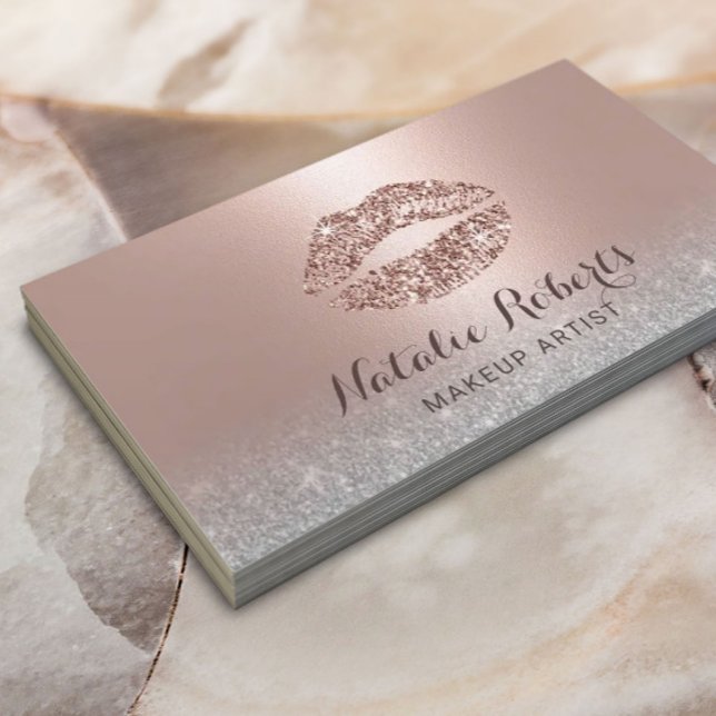Modern Glitter Lips Blush Rose Gold Makeup Artist Business Card (Creator Uploaded)