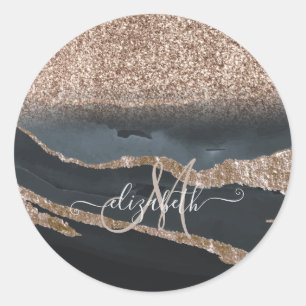 Modern Glitter Marble Monogram Classic Round Sticker