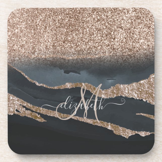 Modern Glitter Marble Monogram Coaster (Front)