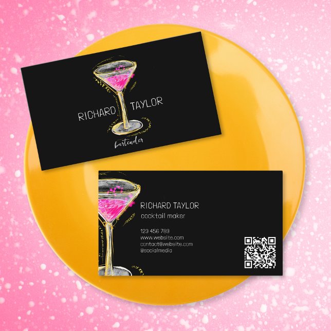 Modern Glitter Martini  Bartender Cocktail Waiter Business Card (pink cocktail in martini glass with gold glitter, hand drawn)