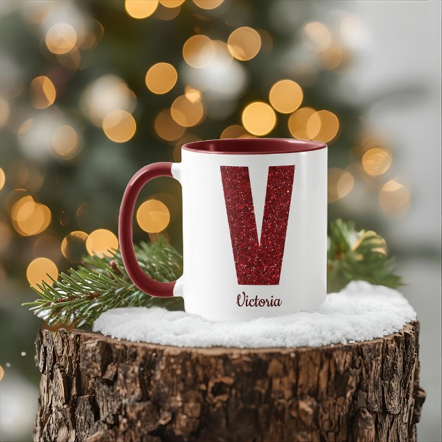 Modern Glitter Monogram V Mug with Name (Creator Uploaded)