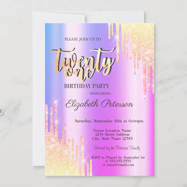 Modern Glitter Ombre Drips 21st Birthday Party Invitation (Front)