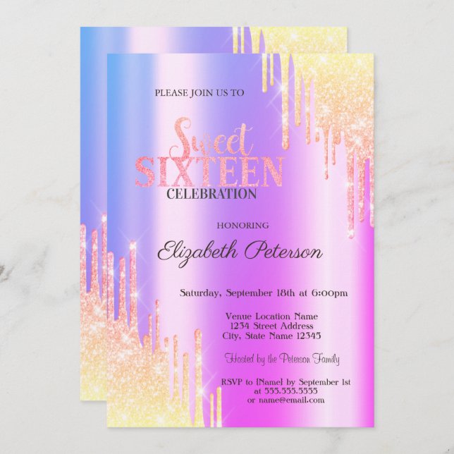 Modern Glitter Ombre Drips Sweet 16 Invitation (Front/Back)