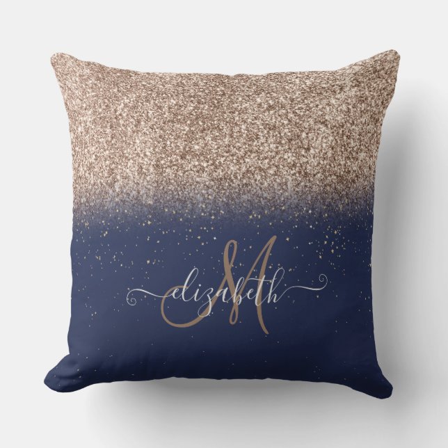 Modern Glitter Ombre  Monogram Navy Blue  Cushion (Front)
