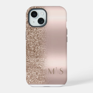 Modern Glitter Ombre Rose Gold Monogram iPhone 15 Case