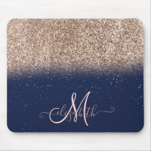 Modern Glitter Ombre Rose Gold Monogram Navy Blue Mouse Mat