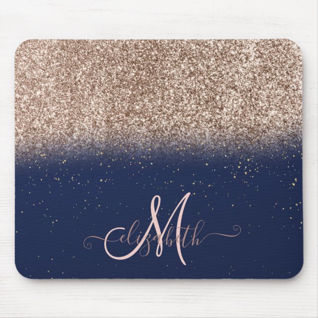 Modern Glitter Ombre Rose Gold Monogram Navy Blue Mouse Mat (Front)