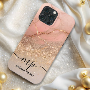 Modern glitter ombre rose marble chic monogrammed iPhone 13 pro max case