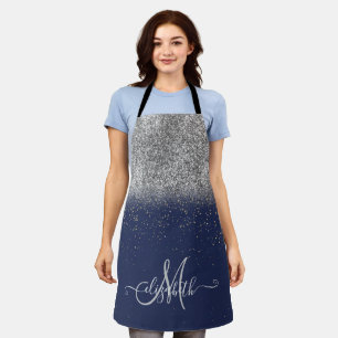 Modern Glitter Ombre Silver Monogram Navy Blue Apron
