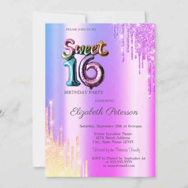Modern Glitter Ombre Violet Drips Balloon Sweet 16 Invitation (Front)