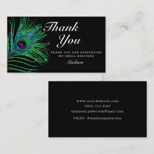 Modern Glitter Peacock Feather Boho Thank You Business Card