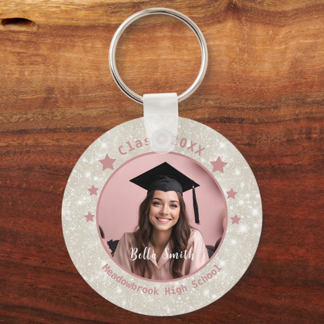 Modern Glitter Photo Dusty Pink Graduation  Key Ring (Front)