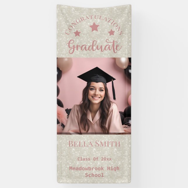 Modern Glitter Photo Graduation Dusty Pink  Banner (Vertical)