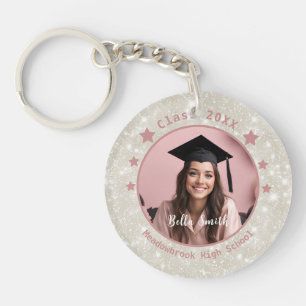 Modern Glitter Pink Photo Graduation  Key Ring