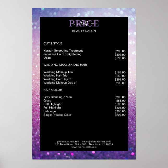 Modern Glitter Pink Purple Price List Poster (Front)