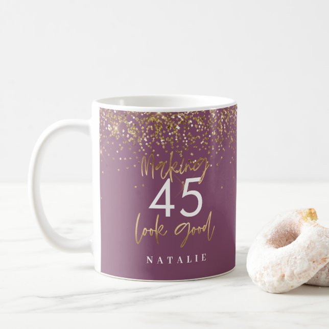 Modern glitter purple and gold 45h birthday coffee mug (With Donut)