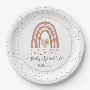 Modern Glitter Rainbow Pink Gold Baby Sprinkle Paper Plate