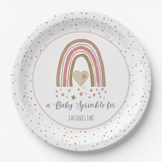 Modern Glitter Rainbow Pink Gold Baby Sprinkle Paper Plate (Front)