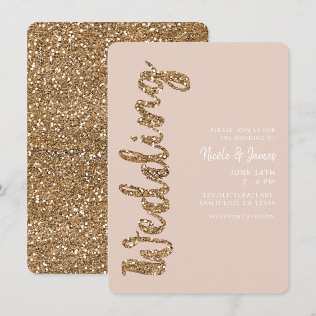 Modern Glitter Rose Gold Blush Glam Wedding Invitation (Front/Back)