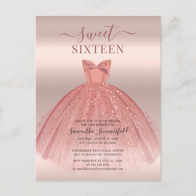 Modern Glitter Rose Gold Sweet 16 Birthday Invitation Postcard (Front)