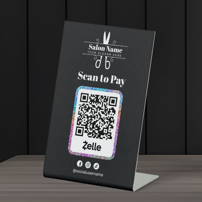 Modern Glitter Salon Scan to Pay Zelle Qr Code Pedestal Sign (Creator Uploaded)