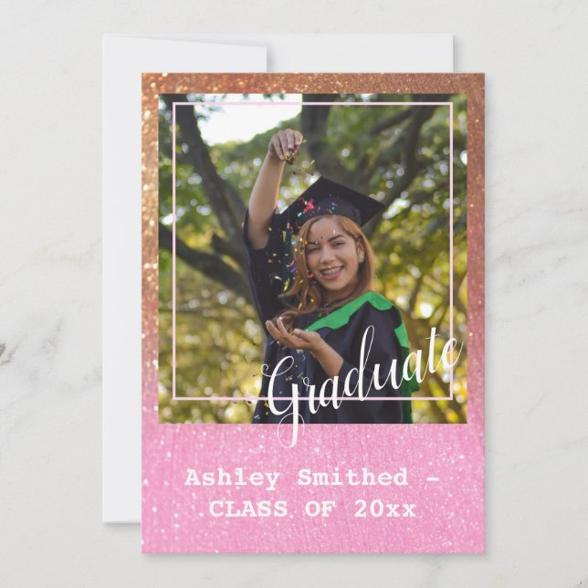 Modern Glitter Sparkle Photo Graduation Pink Invitation (Front)