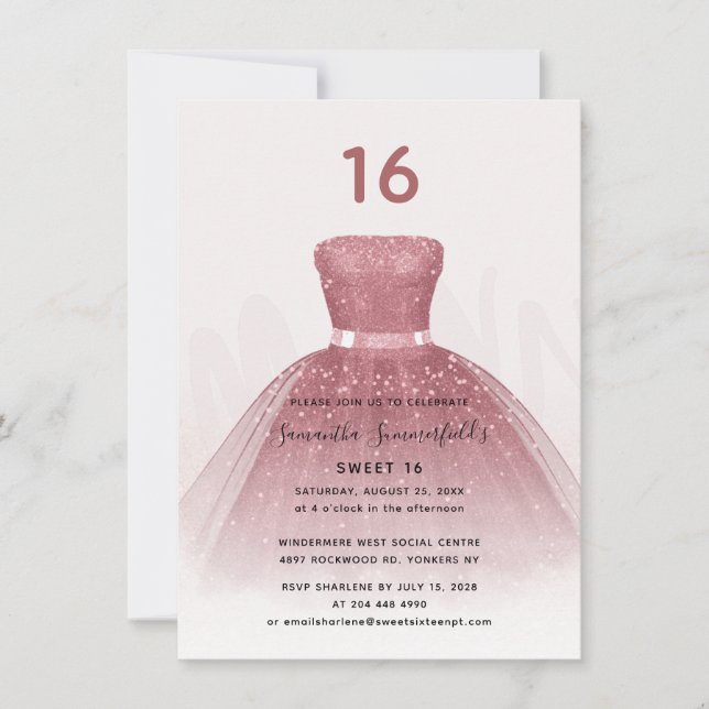Modern Glitter Sweet 16 Script Rose Gold Birthday Invitation (Front)