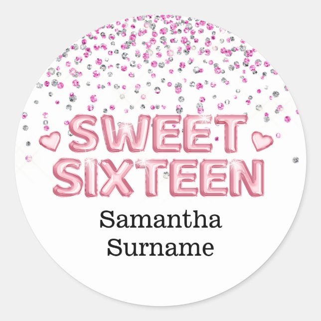Modern glitter sweet sixteen foil 16th party chic classic round sticker (Front)