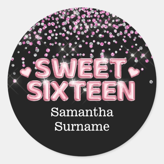 Modern glitter sweet sixteen foil 16th party classic round sticker (Front)