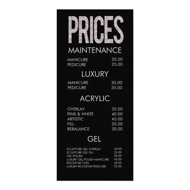 Modern Glitter Typography Salon Menu Cards (Front)