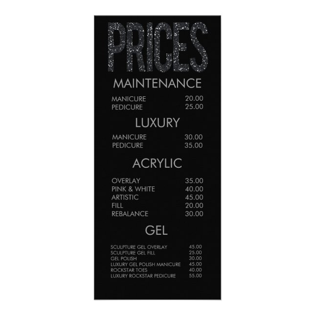 Modern Glitter Typography Salon Menu Cards (Front)