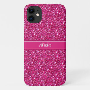 Modern glittering pink with belt & name text iPhone 11 case