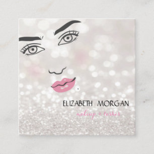 Modern Glittery Bokeh ,Girl Face,Makeup & Lashes Square Business Card