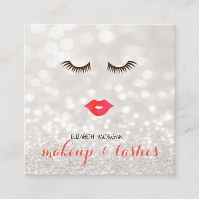 Modern Glittery Bokeh ,Lips,Lashes,Makeup Square Business Card (Front)
