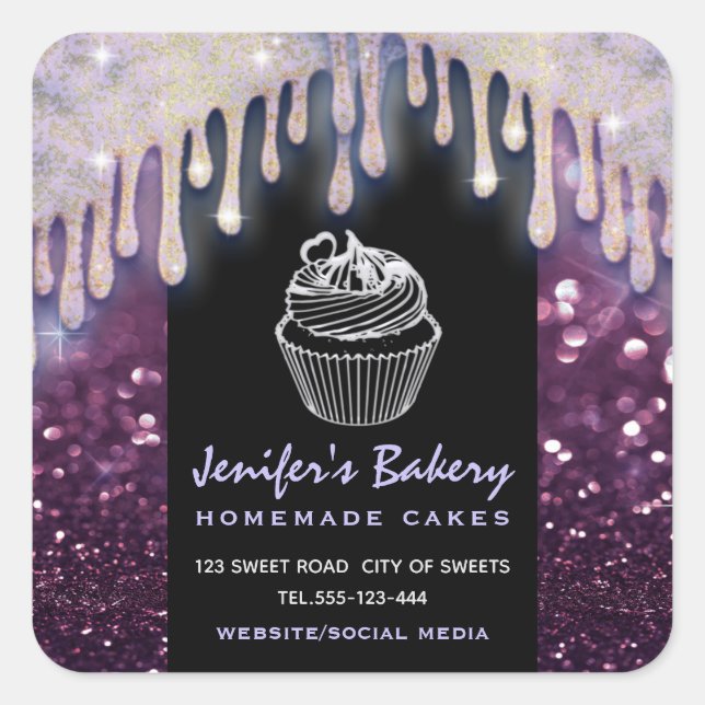 Modern glittery drips script  bakery chef square sticker (Front)