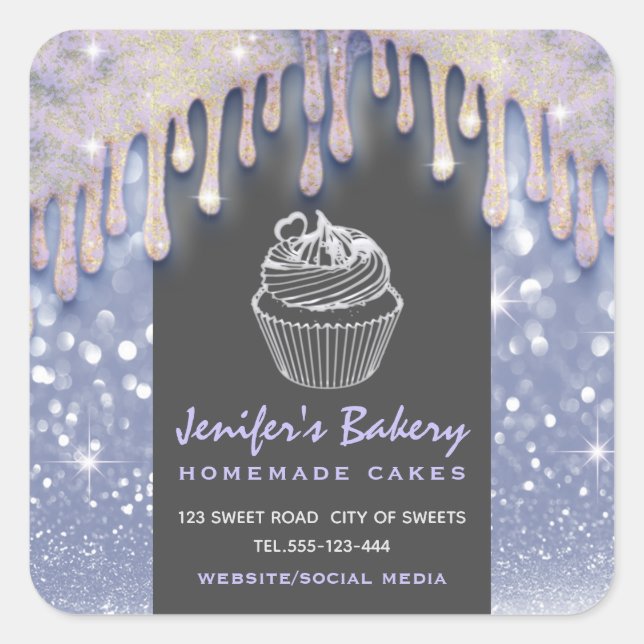Modern glittery drips script  bakery chef square sticker (Front)