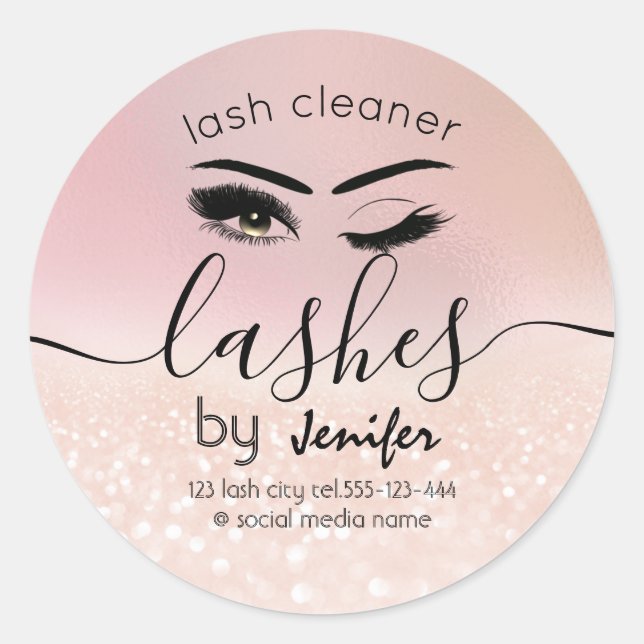 Modern glittery wink lash extension lash cleaner classic round sticker (Front)