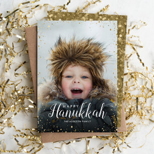 Modern Glitz Faux Glitter Photo Overlay Hanukkah Holiday Card