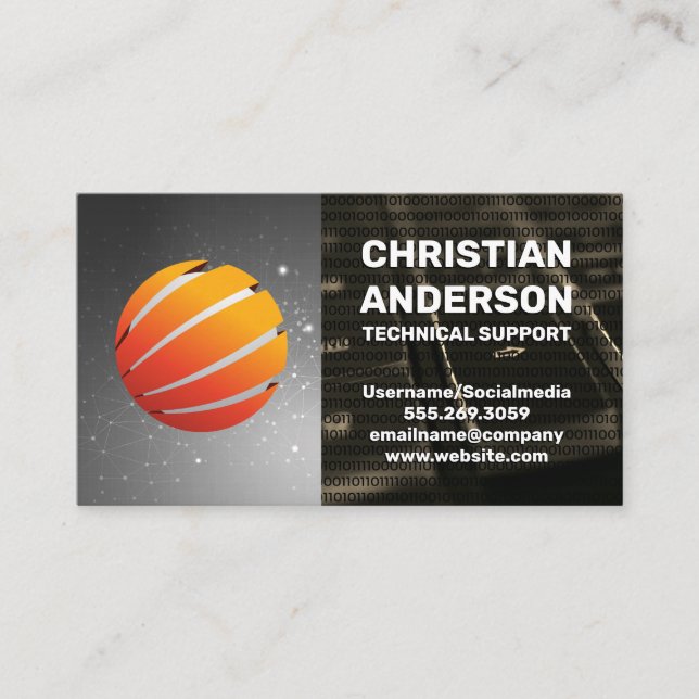 Modern Globe Logo | Binary Code Keyboard Business Card (Front)