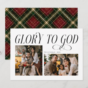 Modern Glory to God 2 Photo Tartan Pattern Holiday Card