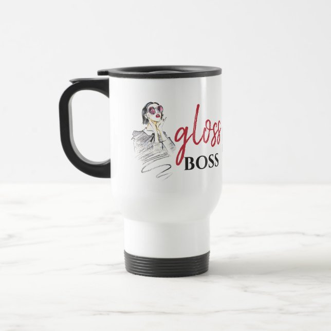 Modern Gloss Boss Girl Black Red Funny World Art Travel Mug (Left)