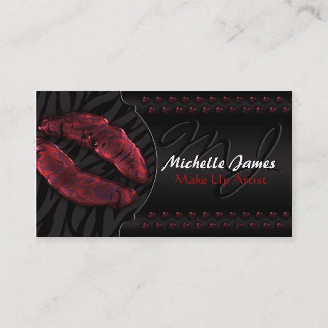 Modern Glossy Lips Zebra Monogram Make Up Artist Business Card (Front)