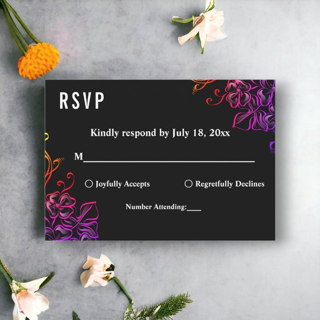 Modern Glow Neon Colours Roses Chic Floral Wedding RSVP Card (Creator Uploaded)