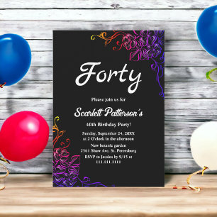Modern Glow Neon Colours Roses Floral 40th Birthda Invitation