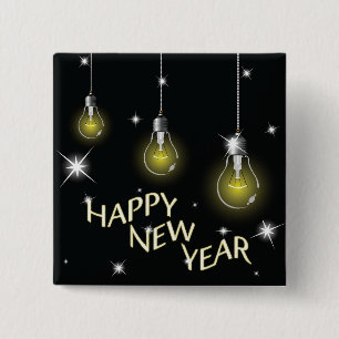 Modern Glowing Light Bulbs Happy New Year 15 Cm Square Badge