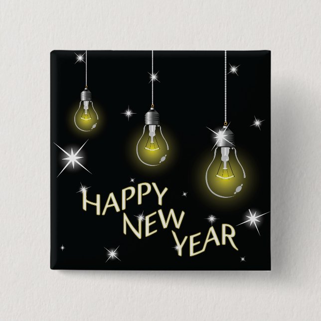 Modern Glowing Light Bulbs Happy New Year 15 Cm Square Badge (Front)